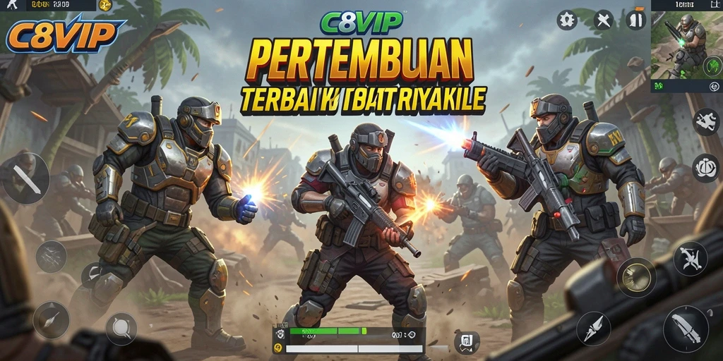 Screenshot utama C8VIP menampilkan aksi intens dalam Battle Royale.
