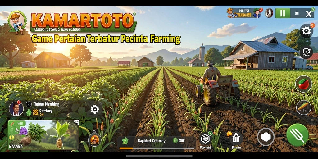 Tampilan gameplay KAMARTOTO dengan lahan pertanian yang subur.