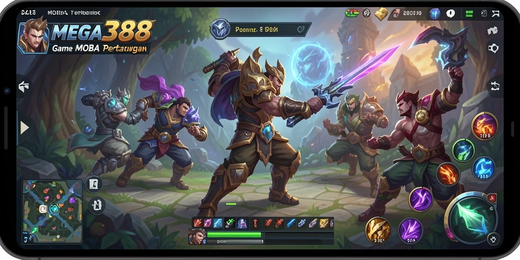 Tampilan gameplay seru dari MEGA388 dalam pertempuran MOBA.