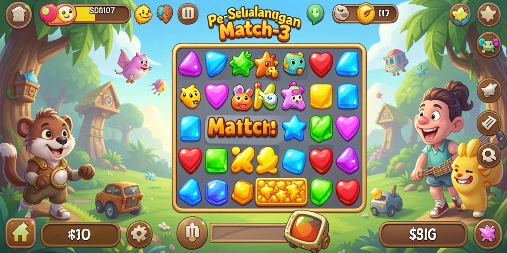 Screenshot gameplay <strong>SD107</strong> yang menunjukkan keseruan permainan Match-3.